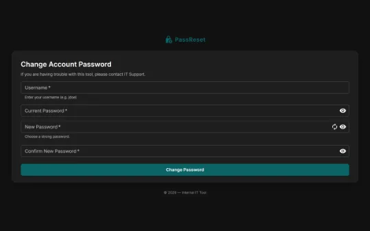 AD-Passreset change-password form on a dark page: username and password fields above a teal submit button