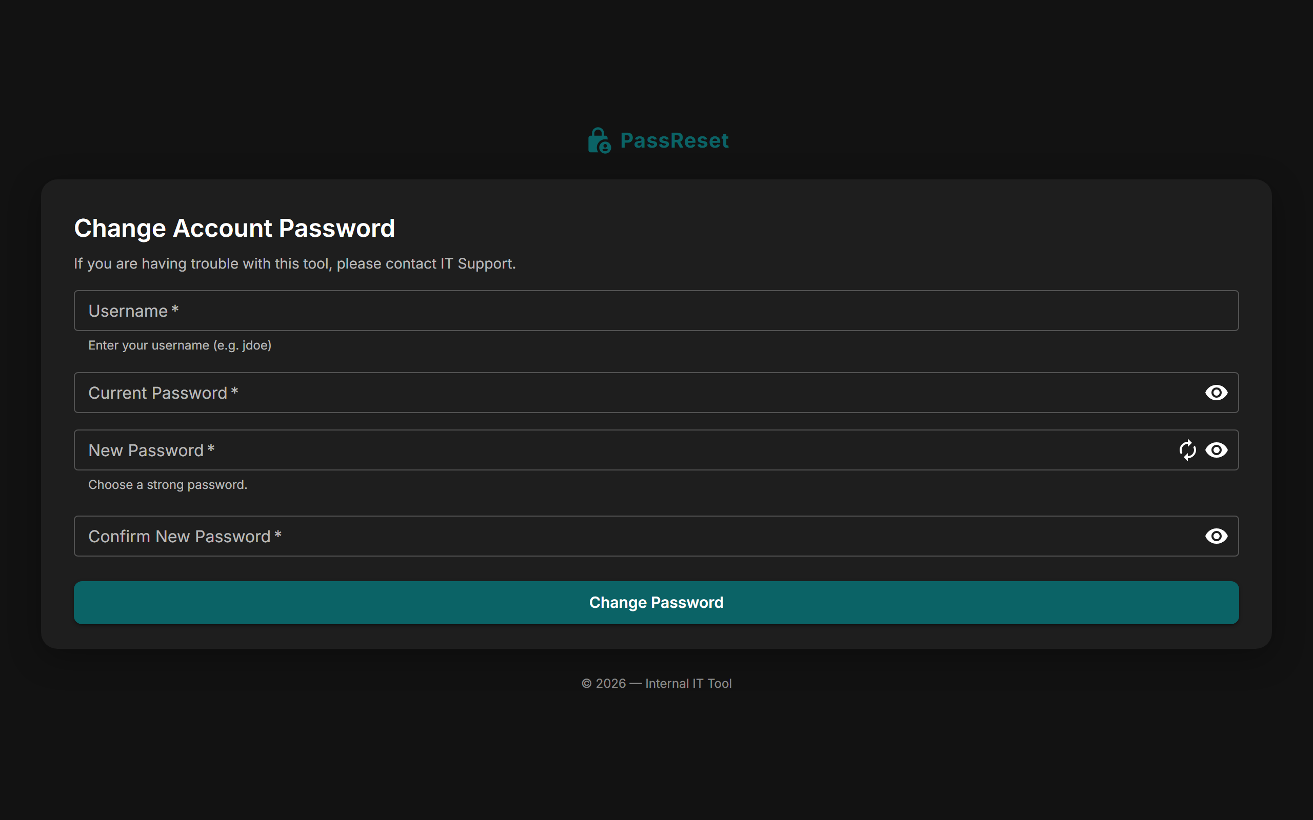 AD-Passreset Portal — change password screen with breach-check and complexity meter