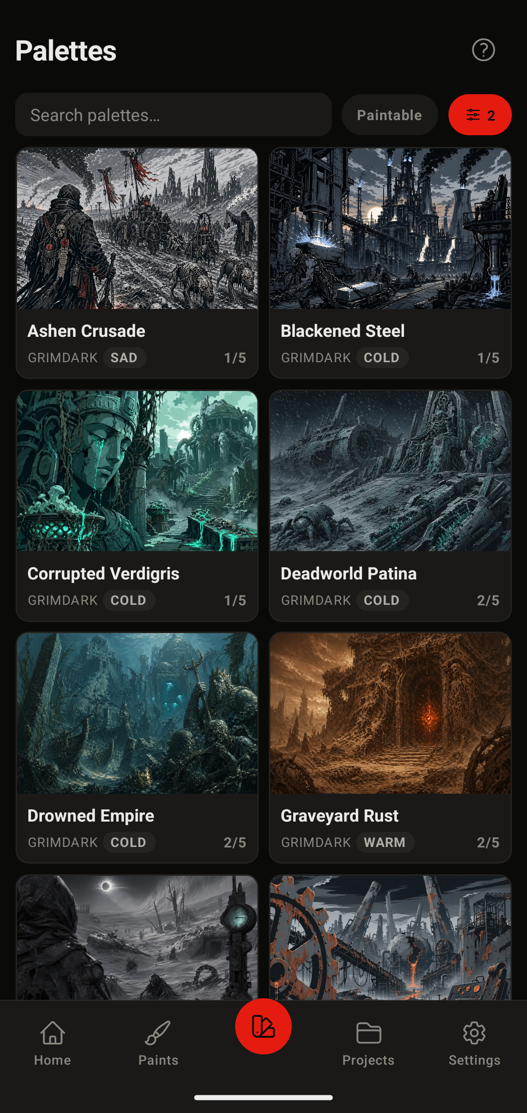 Browse 106 curated palettes with mood, warmth and faction filters