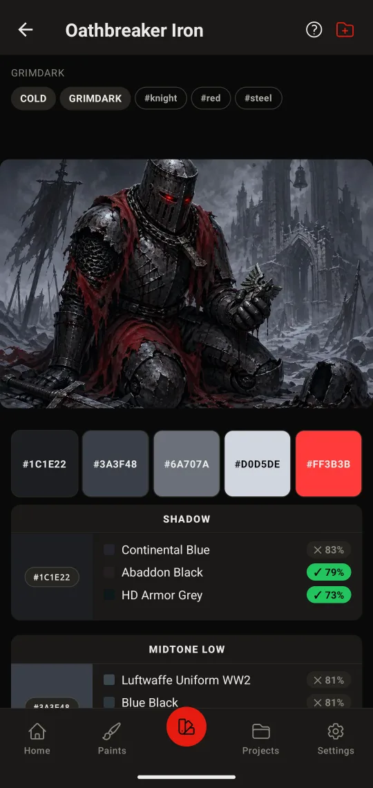 Palette detail in the Colorbench app: the Oathbreaker Iron palette with its colour swatches