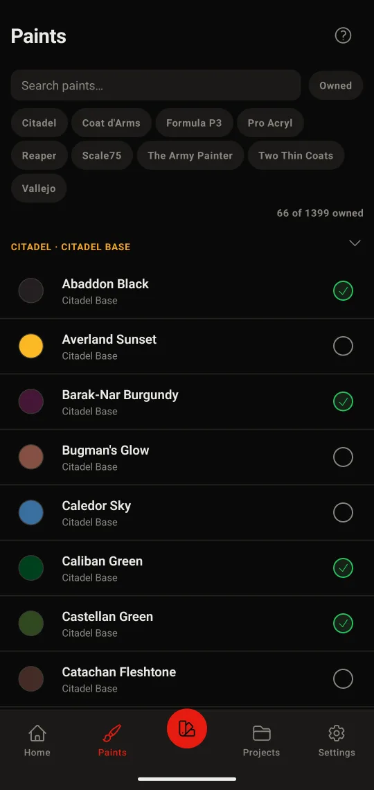 Paint list in the Colorbench app, filtered by brand with owned paints ticked