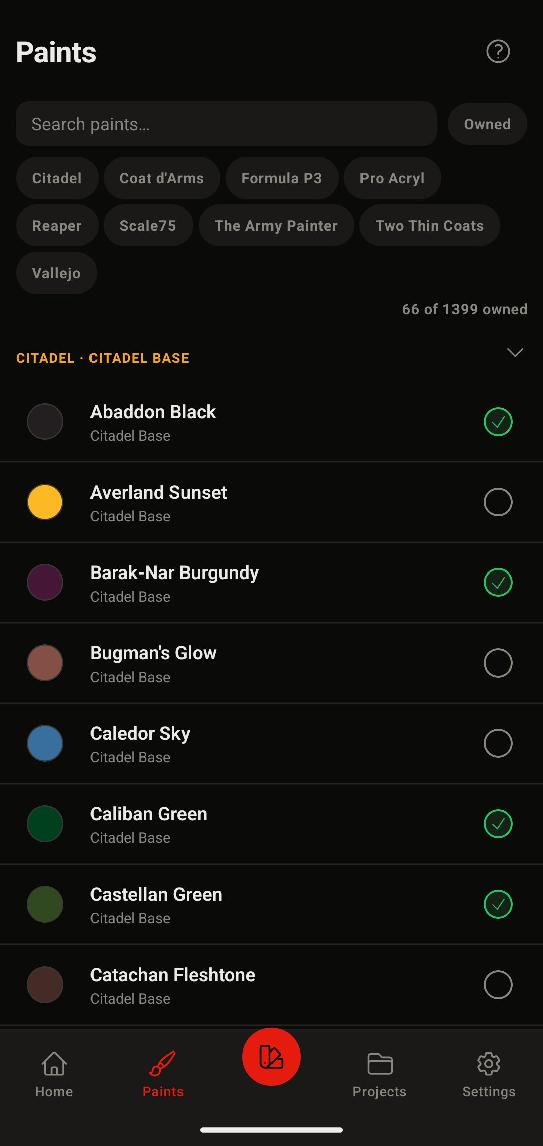 Select the paints you own across 7 brands so the match engine knows your collection