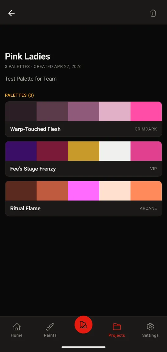 Save palettes and mix recipes to hobby projects so you can find them again later