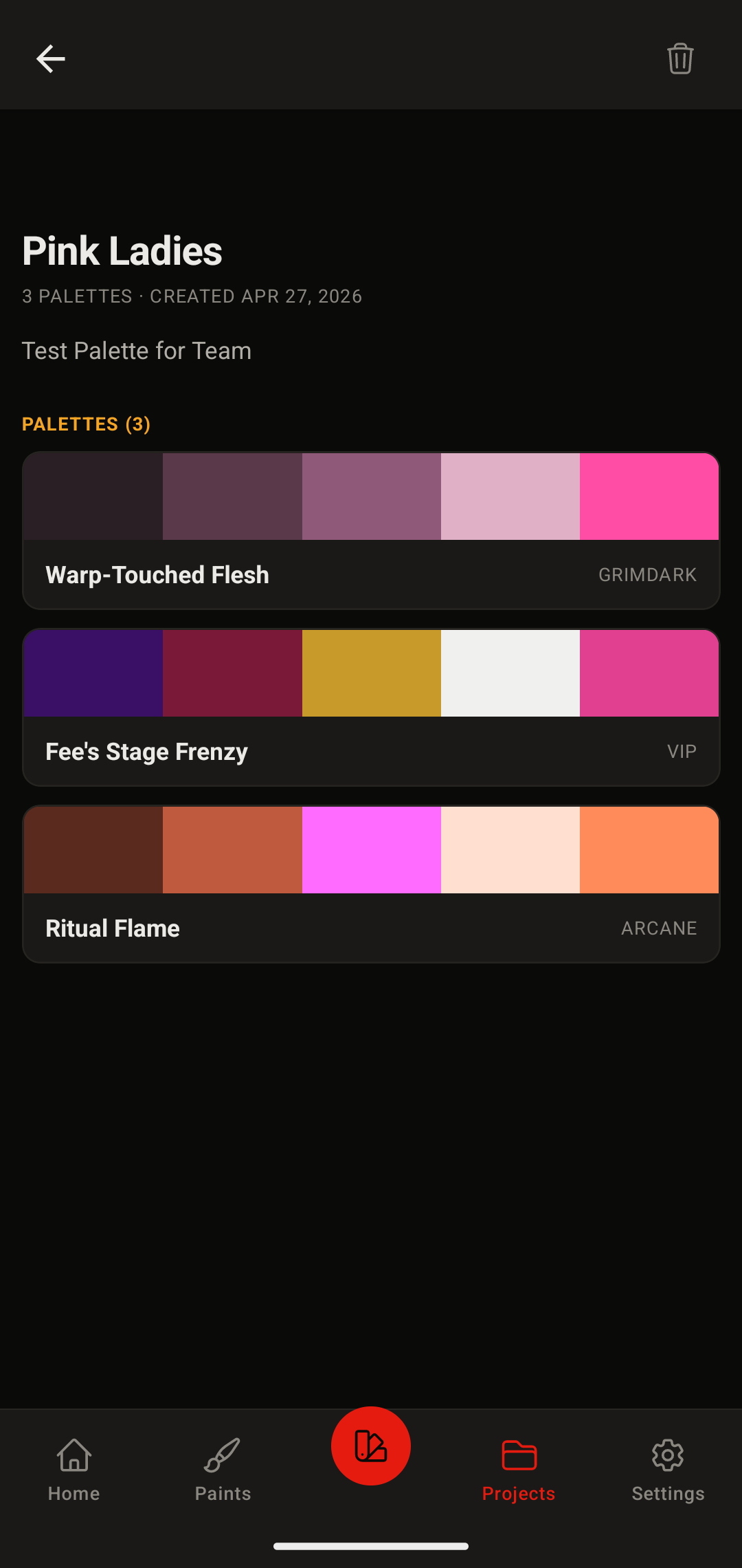 Save palettes and mix recipes to hobby projects so you can find them again later